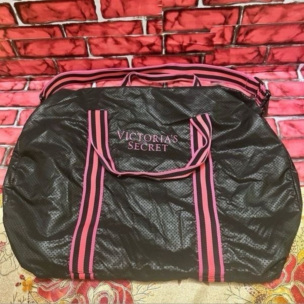 Victoria's Secret Black Waterproof Travel Bag with Pink Stripes